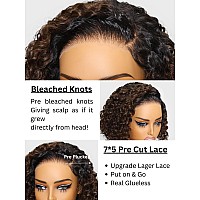 Yiroo Bye Bye Knots Glueless Wigs Ombre Brown Short Curly Bob Wig Human Hair Pre Bleached Pre Cut 7X5 Lace Closure Wig Beyond Ba