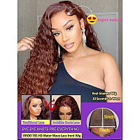 Yiroo Bye Bye Knots Glueless Wig Reddish Brown Water Wave 7X5 Hd Pre Cut Lace Front Wigs Pre Plucked Put On And Go Pre Bleached