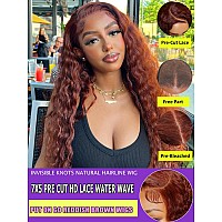 Yiroo Bye Bye Knots Glueless Wig Reddish Brown Water Wave 7X5 Hd Pre Cut Lace Front Wigs Pre Plucked Put On And Go Pre Bleached