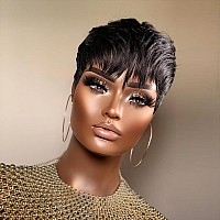 Pangdonglai Pixie Wigs Human Hair Wigs With Bangs Short Layered Pixie Cut Wigs For Black Women Brazilian Virgin Staight Human Ha