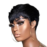 Pangdonglai Pixie Wigs Human Hair Wigs With Bangs Short Layered Pixie Cut Wigs For Black Women Brazilian Virgin Staight Human Ha