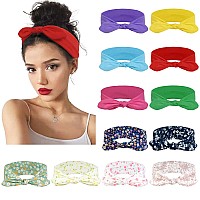 12 Pack Wild Floral Bow Headbands For Women Elastic Headwraps Hair Band Yoga Running Sports Knotted Hair Bands Stretchy Rabbit E