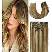 Huayi Clip In Extensions Real Human Hair Balayage Light Brown To Bleach Blonde Highlights Remy Human Hair Extensions 12 Inch 70G