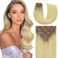 Lacer Real Human Hair Extensions Clip Ins Platinum Blonde With Lightest Brown Roots 120G With 16 Clips 7Pcs Lace Clip In Hair 14