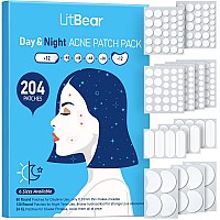 Litbear Acne Pimple Patches Day And Night 6 Sizes 204 Dots Thin Thick Hydrocolloid Patches With Witch Hazel Tea Tree Calen