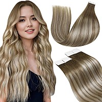 Laavoo Real Hair Extensions Tape In Human Hair Tape In Extensions Human Hair 40Pcs 100G Balayage Ash Brown To Blonde Mix With Pl