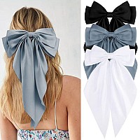 Velscrun 3Pcs Hair Accessories For Women Black White And Navy Blue Oversized Satin Bows With Long Tails And Clips For Girls