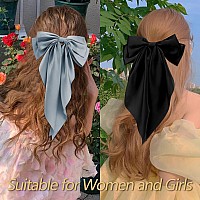 Velscrun 3Pcs Hair Accessories For Women Black White And Navy Blue Oversized Satin Bows With Long Tails And Clips For Girls