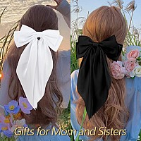 Velscrun 3Pcs Hair Accessories For Women Black White And Navy Blue Oversized Satin Bows With Long Tails And Clips For Girls