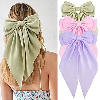 Velscrun Hair Bows For Women 3Pcs Silky Satin Hair Clips Big Bow Hair Barrettes Hair Accessories Gifts Green Pink Purple