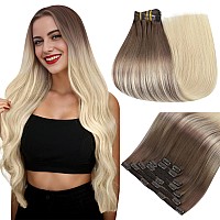 Easyouth Clip In Hair Extensions Real Human Hair Ombre Clip In Extensions Brown Ombre Platinum Blonde Human Hair Extensions Clip