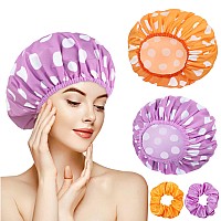 2 Packs Large Shower Caps For Women Reusable Waterproof Shower Cap Bath Caps With Hair Scrunchies For Long Thick Hair Purpleo