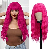 Merisihair Long Hot Pink Wig Rose Red Wavy Wig With Bangs Synthetic Wig For Women Daily Party Holiday Festival Cosplay Travel Us