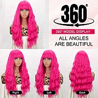 Merisihair Long Hot Pink Wig Rose Red Wavy Wig With Bangs Synthetic Wig For Women Daily Party Holiday Festival Cosplay Travel Us