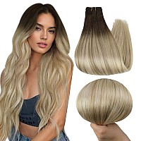 Full Shine Sew In Hair Extensions Real Human Hair 18 Inch Silky Straight Hair Extensions Color Darkest Brown Fading To Ash Blond