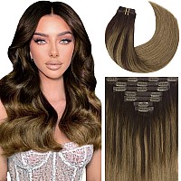 Caliee Clip In Hair Extensions Human Hair 18Inch Color B26 Dark Brown To Chestnut Brown Balayage Clip In Hair Extensions Straig