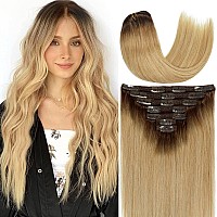 Caliee Clip In Hair Extensions Real Human Hair Color R418 Chocolate Brown Fading To Dirty Blonde Hair Extensions Clip In Human