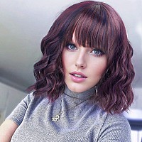 Vckovcko 12Inches Loose Wave Bob Wig Wavy Burgandy Wig With Air Bang Curly Hair Wigs Synthetic Cosplay Party Wigs For Women 12I