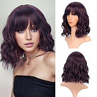 Vckovcko 12Inches Loose Wave Bob Wig Wavy Burgandy Wig With Air Bang Curly Hair Wigs Synthetic Cosplay Party Wigs For Women 12I