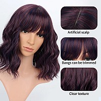 Vckovcko 12Inches Loose Wave Bob Wig Wavy Burgandy Wig With Air Bang Curly Hair Wigs Synthetic Cosplay Party Wigs For Women 12I