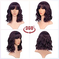 Vckovcko 12Inches Loose Wave Bob Wig Wavy Burgandy Wig With Air Bang Curly Hair Wigs Synthetic Cosplay Party Wigs For Women 12I