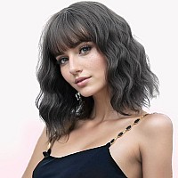 Vckovcko 12Inches Loose Wave Bob Wig Wavy Grey Bob Wig With Air Bang Curly Hair Wigs Synthetic Cosplay Party Wigs For Women 12I