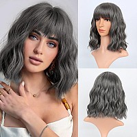 Vckovcko 12Inches Loose Wave Bob Wig Wavy Grey Bob Wig With Air Bang Curly Hair Wigs Synthetic Cosplay Party Wigs For Women 12I