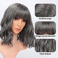 Vckovcko 12Inches Loose Wave Bob Wig Wavy Grey Bob Wig With Air Bang Curly Hair Wigs Synthetic Cosplay Party Wigs For Women 12I