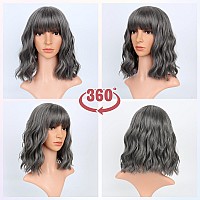 Vckovcko 12Inches Loose Wave Bob Wig Wavy Grey Bob Wig With Air Bang Curly Hair Wigs Synthetic Cosplay Party Wigs For Women 12I