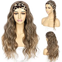 Sapphirewigs Glueless Headband Wig Long Body Wave Wig Synthetic Headband Wigs For Black Women Natural Brown With Blonde Tips Wav