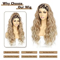 Sapphirewigs Body Wave Headband Wigs For Women Honey Blonde With Tips Synthetic Hair Wear And Go Glueless Wig Natural Long Wavy