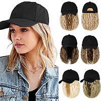 Qlenkay Baseball Cap With Hair Extensions 14Inch Wavy Curly Bob Hairstyle Adjustable Wig Hat Attached Synthetic Hairpiece For Wo