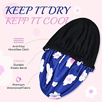 Shower Cap For Women Terry Lined Bath Cap Large Reusable Waterproof Elastic Band Blue Shower Caps For Long Thick Hair Soft Bath