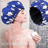 Shower Cap For Women Terry Lined Bath Cap Large Reusable Waterproof Elastic Band Blue Shower Caps For Long Thick Hair Soft Bath