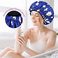 Shower Cap For Women Terry Lined Bath Cap Large Reusable Waterproof Elastic Band Blue Shower Caps For Long Thick Hair Soft Bath