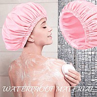 Pink Shower Cap For Women Terry Lined Bath Cap Large Reusable Waterproof Elastic Band Shower Caps For Long Thick Hair Soft Bath