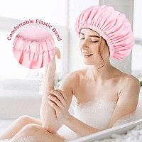 Pink Shower Cap For Women Terry Lined Bath Cap Large Reusable Waterproof Elastic Band Shower Caps For Long Thick Hair Soft Bath