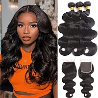 Body Wave Human Hair Bundles With Closure 10A Brazilian Human Hair 3 Bundles With 4X4 Hd Lace Closure Free Part 100 Unprocessed