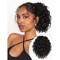 Alxnan Wavy Curly Ponytail Extension 8 Black Brown Drawstring Ponytail For Black Women Short Soft Natural Synthetic Hairpiece