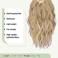 Feshfen Ponytail Extensions Drawstring Ponytails Hair Extension Light Ash Brown Bleach Blonde Short Curly Wavy Hair Piece Syn