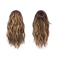 Feshfen Ponytail Extensions Drawstring Ponytails Hair Extension Golden Brown Mix Blonde Short Curly Wavy Hair Piece Synthetic P