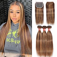 Haha P427 Honey Blonde Highlight Human Hair Bundles With Lace Closure 4X4 Brown Blonde Ombre Straight Bundles With Closure Braz