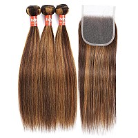 Haha P427 Honey Blonde Highlight Human Hair Bundles With Lace Closure 4X4 Brown Blonde Ombre Straight Bundles With Closure Braz