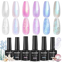 Mizhse Pearl Gel Nail Polish 6 Colors Iridescent Mermaid Gel Polish Set Drawing Nail Gel Shell Thread Effect Shimmer White Pin