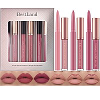 Bestland 6Pcs Matte Liquid Lipstick Lip Liner Pens Set One Step Lips Makeup Kits Pigment Velvety Nude Lip Stain Waterproof Lo