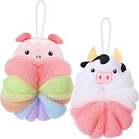 Nuenen 2 Pcs Bath Loofahs Kids Toddler Body Loofahs Cute Cartoon Kids Loofah Kid Bath Sponges Loofah Bath Pouf Body Scrubber Mes