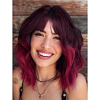 Aisi Hair Synthetic Wavy Curly Bob Wig With Bangs Ombre Dark Red Wig Short Bob Wavy Hair Wigs For Women Synthetic Heat Resistant