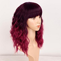 Aisi Hair Synthetic Wavy Curly Bob Wig With Bangs Ombre Dark Red Wig Short Bob Wavy Hair Wigs For Women Synthetic Heat Resistant