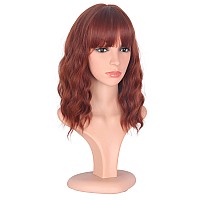 Symeiw Red Wavy Bob Wig With Bangs Short Wavy Red Color Wigs For Women Bob Style Synthetic Heat Resistant Bob Wigs