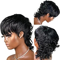 Pangdonglai 10A Mullet Wigs For Black Women Mullet Pixie Cut Wigs For Women Mullet Curly Human Hair Wigs Natural Black Color Glu